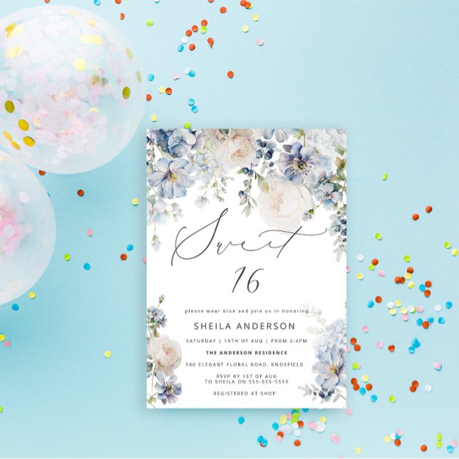 Dusty Blue & Blush Pink Blütencreme Sweet 16 Gebur Einladung (Von Creator hochgeladen)