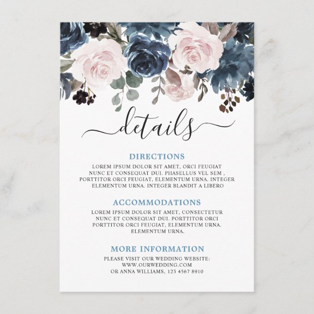 Dusty Blue Blush Pink Botanische Hochzeit mit flor Begleitkarte (Vorderseite)