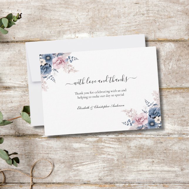 Dusty Blue Blush Pink Botanische Hochzeit mit flor Dankeskarte (Dusty Blue Blush Pink Floral Botanical Watercolor Elegant Wedding Thank you cards)