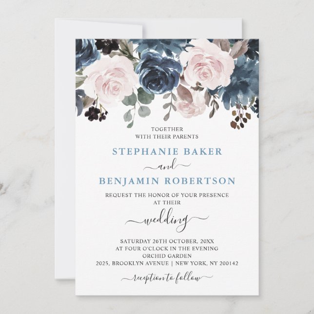 Dusty Blue Blush Pink Botanische Hochzeit mit flor Einladung (Vorderseite)