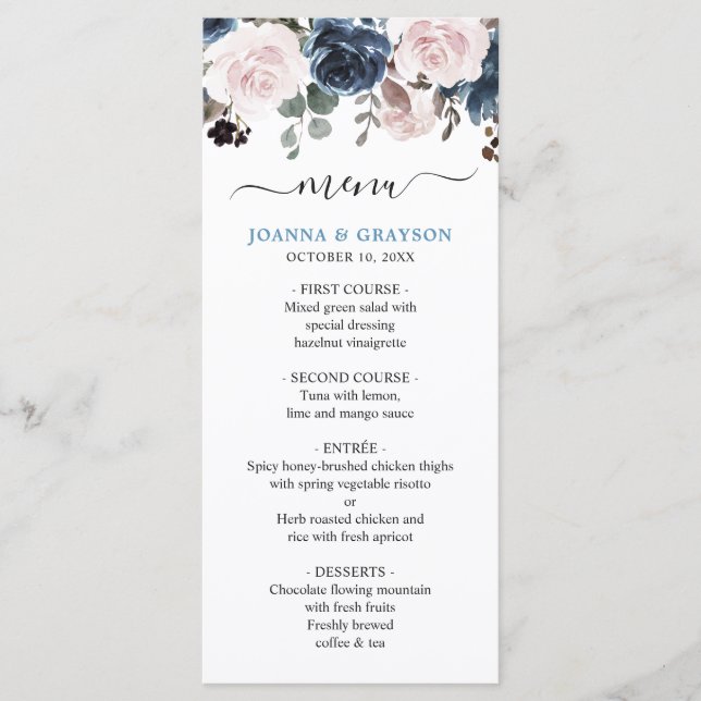 Dusty Blue Blush Pink Botanische Hochzeit mit flor Menükarte (Vorderseite)