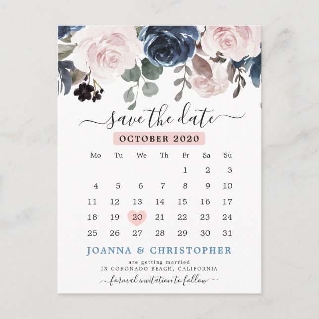 Dusty Blue Blush Pink Floral Save the Date Postkarte (Vorderseite)