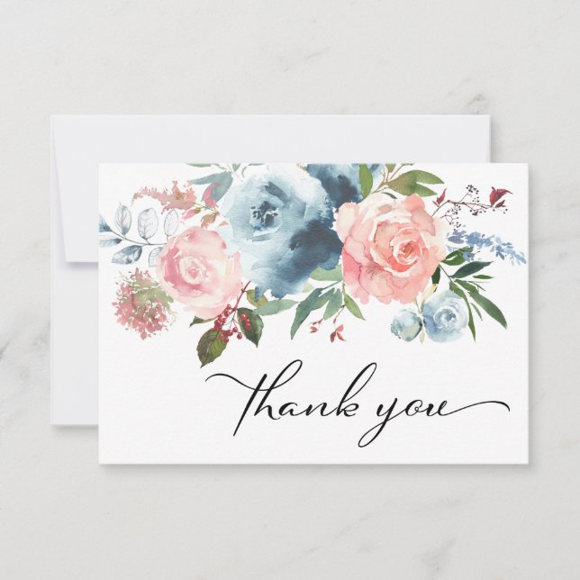 Dusty Blue & Blush Pink Floral Vielen Dank Karten (Vorderseite)
