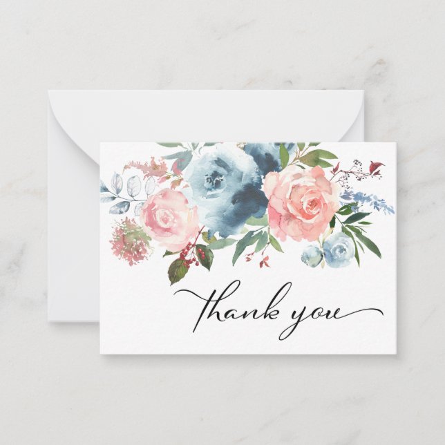 Dusty Blue & Blush Pink Floral Vielen Dank Mitteilungskarte (Vorderseite)