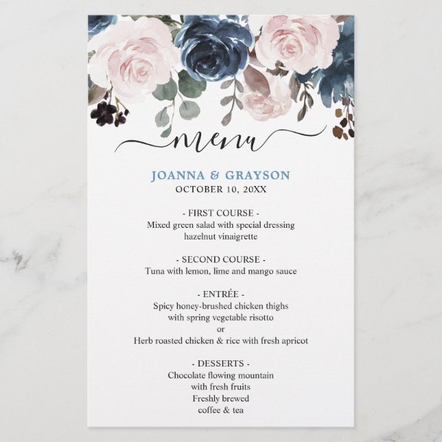 Dusty Blue Blush Pink Floral Wedding Menu (Vorderseite)