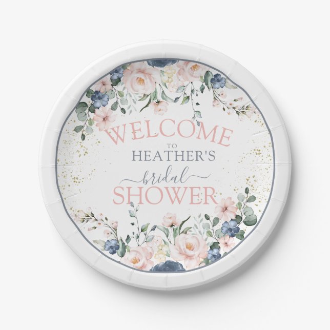 Dusty Blue Blush Pink Gold Floral Brautparty Pappteller (Vorderseite)