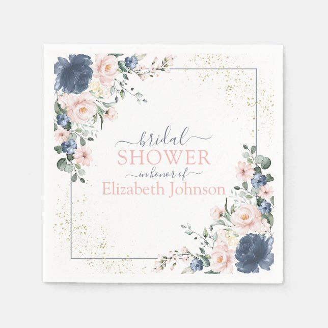 Dusty Blue Blush Pink Gold Floral Brautparty Serviette (Vorderseite)