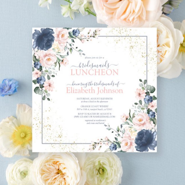 Dusty Blue Blush Pink Gold Floral Bridesmaid Mitta Einladung (Von Creator hochgeladen)