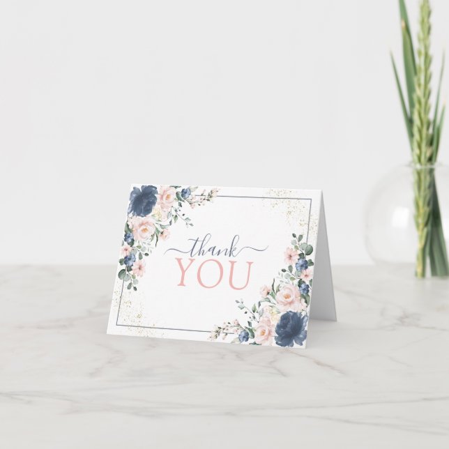 Dusty Blue Blush Pink Gold Floral Vielen Dank Dankeskarte (Vorderseite)