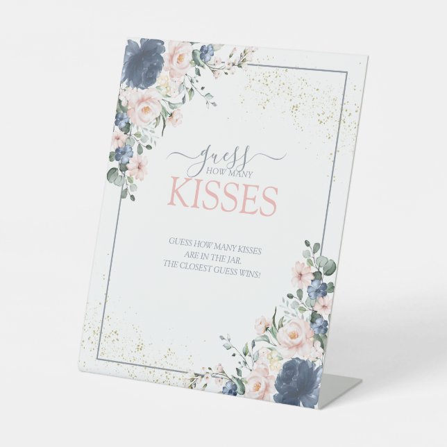 Dusty Blue Blush Pink Gold Wie viele Küsse Sockelschild (Vorderseite)