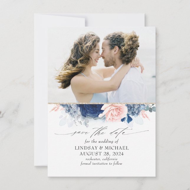 Dusty Blue & Blush Pink Save the Date Foto Ankündigung (Vorderseite)