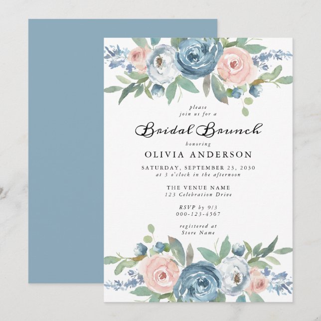 Dusty Blue & Blush Rose Blumenbridal Brunch Einladung (Vorne/Hinten)