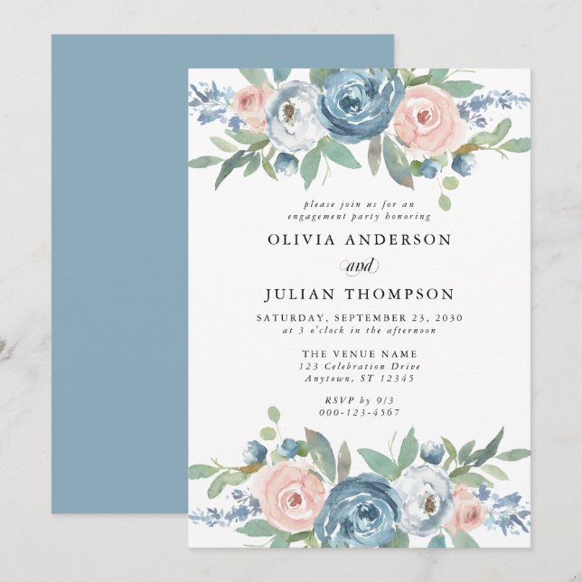 Dusty Blue & Blush Rose Floral Engagement Party Einladung (Vorne/Hinten)