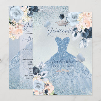 Dusty Blue+Blush Rose Glitzer Gown Quinceanera Einladung