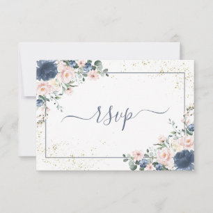Dusty Blue Blush Rose Gold Floral Pas de menu RSVP