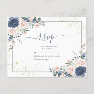 Dusty Blue Blush Rose Gold Floral Pas de menu RSVP