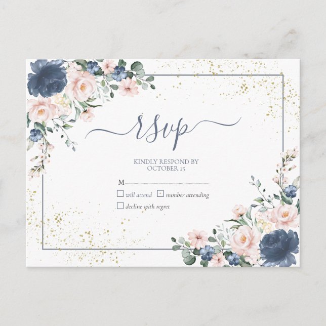 Dusty Blue Blush Rose Gold Floral Pas de menu RSVP (Devant)