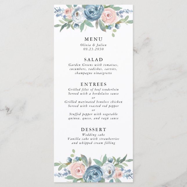 Dusty Blue & Blush Rose Menu Mariage (Devant)