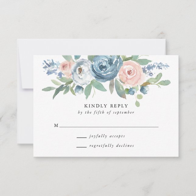 Dusty Blue & Blush Rose Wedding RSVP Card Karte (Vorderseite)
