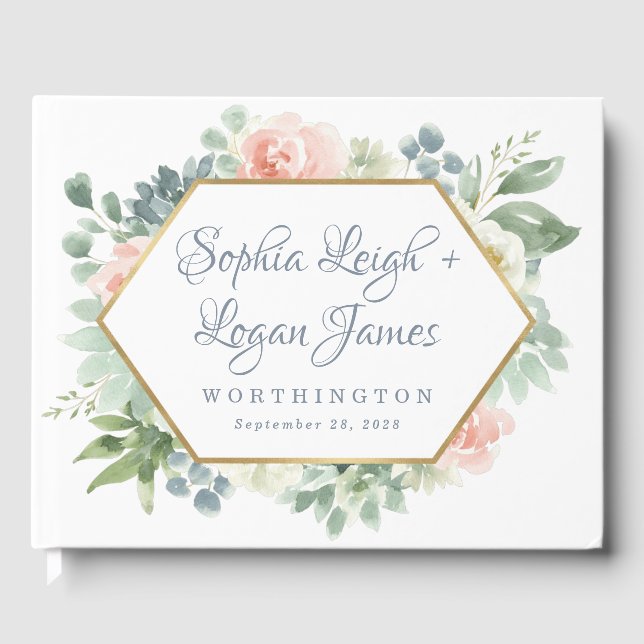 Dusty Blue Blush Sukkulent Blumengarten Hochzeit Gästebuch (Vorderseite)