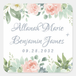 Dusty Blue Blush Sukkulent Blumengarten Hochzeit Quadratischer Aufkleber