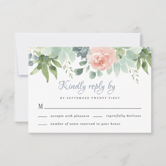 Dusty Blue Blush Sukkulent Blumengarten Hochzeit RSVP Karte (Vorderseite)