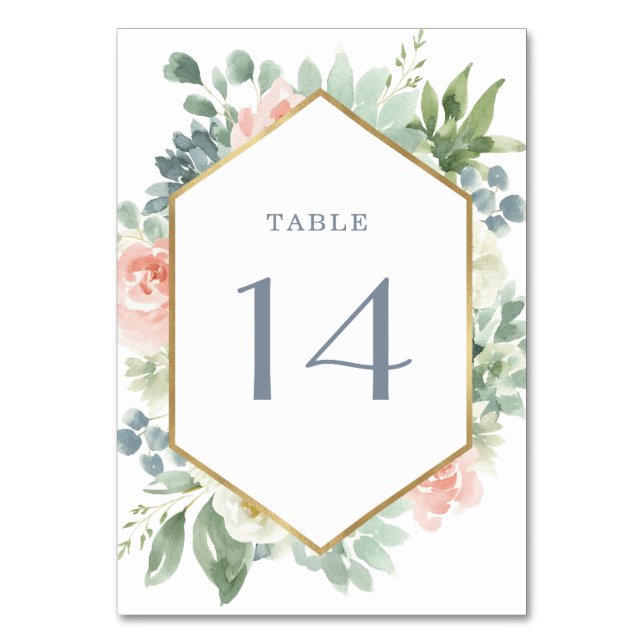 Dusty Blue Blush Sukkulent Blumengarten Hochzeit Tischnummer (Vorderseite)
