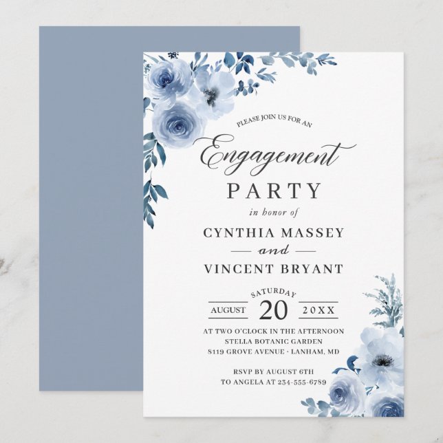 Dusty Blue Bohemisch Floral Engagement Party Einladung (Vorne/Hinten)