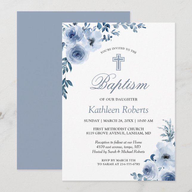 Dusty Blue Bohemisch Floral Taufe Christening Einladung (Vorne/Hinten)