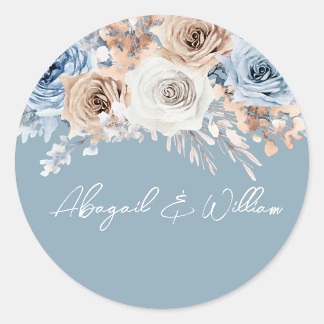 Dusty Blue Bohemisch Floral Wedding Verlobung Runder Aufkleber (Vorderseite)