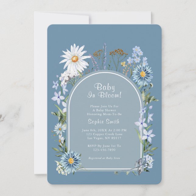 Dusty Blue Boho Baby in Bloom Baby Dusche Einladung (Vorderseite)