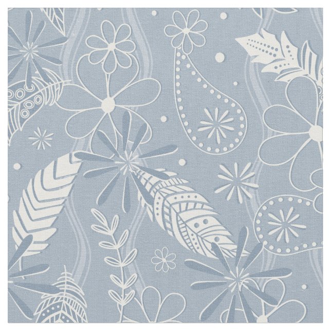 Dusty Blue Boho Federn Blume Paismuster Stoff (Nahaufnahme)