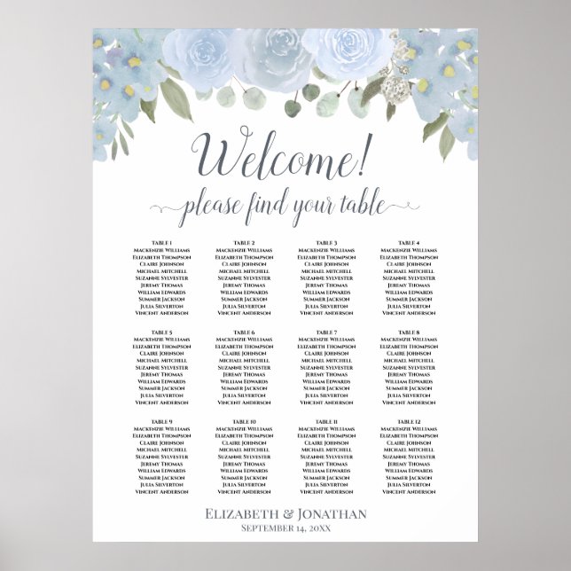 Dusty Blue Boho Floral 12 Tabelle Seating Chart Poster (Vorne)