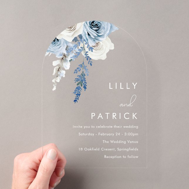 Dusty Blue Boho Floral Arch Wedding Acryleinladungen (Insitu (Handheld))