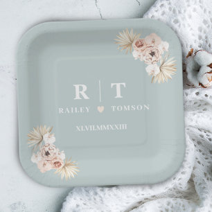 Dusty Blue Boho Floral Elegant Wedding Monogram Pappteller