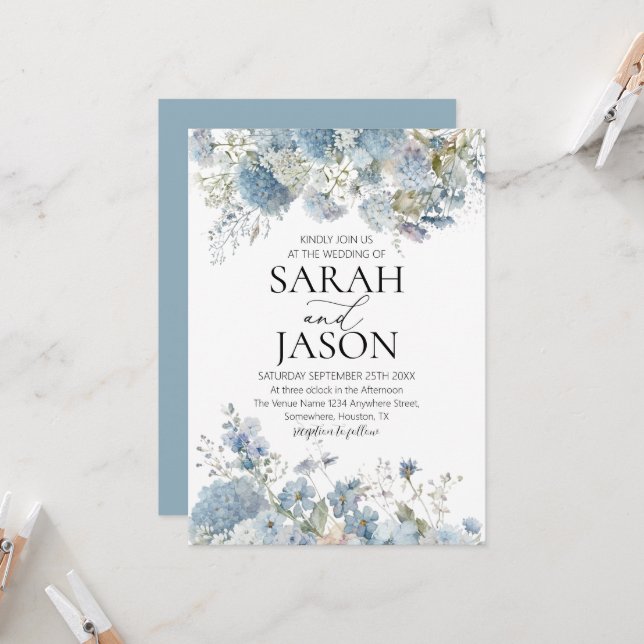 Dusty Blue Boho Floral Elegante Gartenhochzeit Einladung (Vorderseite/Rückseite Beispiel)