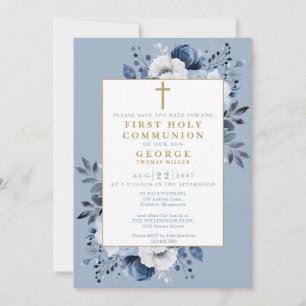 Dusty Blue Boho Floral First Holy Communion Save The Date