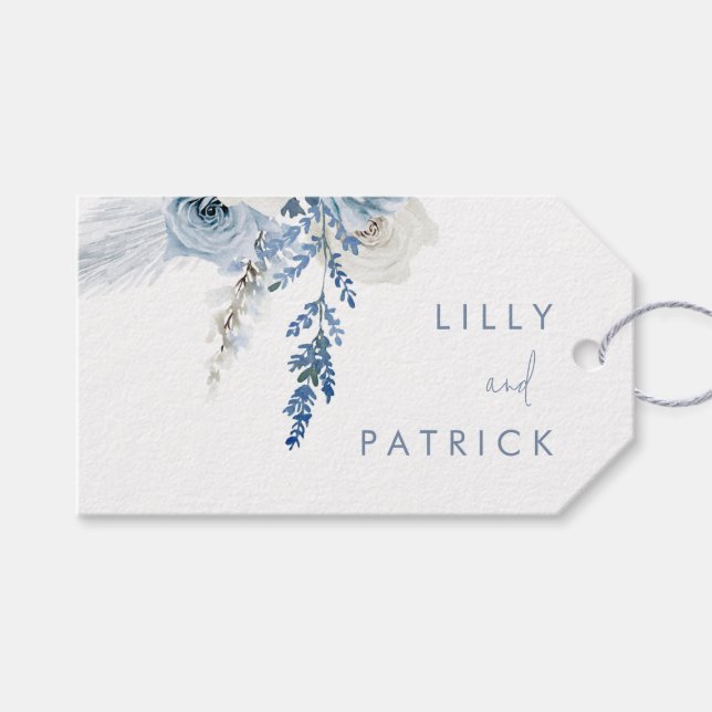 Dusty Blue Boho Floral Gastgeschenk Hochzeit Geschenkanhänger (Vorderseite (Horizontal))