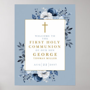 Dusty Blue Boho Floral Heilige Kommunion Begrüßung Poster
