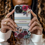 Dusty Blue Boho Floral Stripe Monogramm Case-Mate iPhone Hülle<br><div class="desc">Benutzerdefinierte mit Monogramm Telefonfälle personalisiert mit Ihrem Namen oder anderen Texten. Dieses trendige Boho-Design zeichnet sich durch eine florale Wasserfarbe in rustikalen Herbstfarben auf einem staubigen blau-weiß gestreiften Hintergrund mit Imitaten goldenen Folienakzent aus. Verwenden Sie die Designtools, um eine beliebige Hintergrundfarbe auszuwählen, Textfarben und Schriftartes zu ändern oder eigene Fotos...</div>