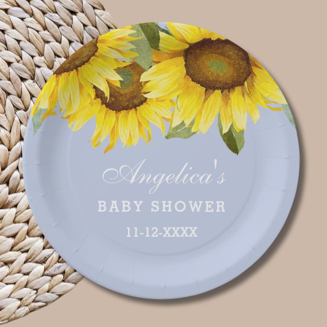 Dusty Blue Boho Floral Sunflower Baby Girl Dusche Pappteller (Von Creator hochgeladen)