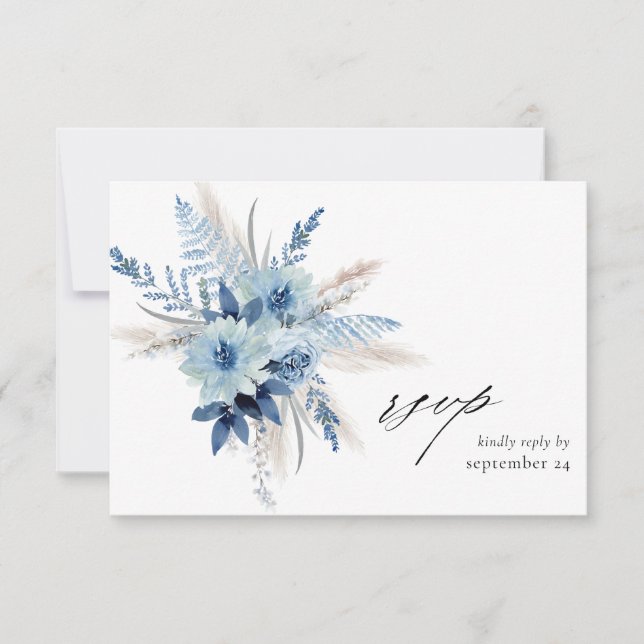 Dusty Blue Boho Floral w Meal RSVP Karte 2 (Vorderseite)
