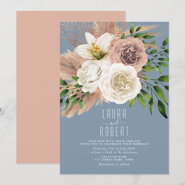 Dusty Blue Boho Floral Wedding Einladung (Vorne/Hinten)