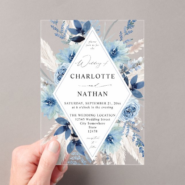 Dusty Blue Boho Floral Wedding Einladung (Insitu (Handheld))