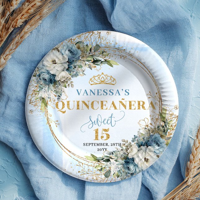 Dusty Blue Boho Greenery Gold Glitter Quinceañera  Pappteller (Dusty Blue Boho Greenery Gold Glitter Quinceañera Plates)