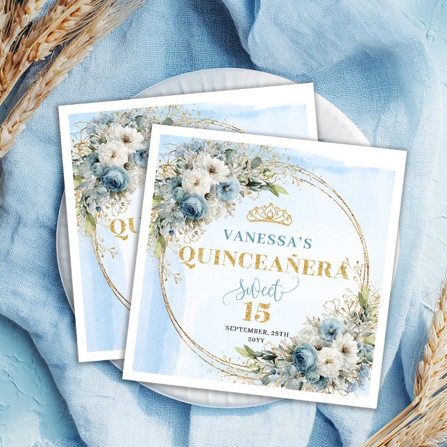Dusty Blue Boho Greenery Gold Glitter Quinceañera  Serviette (Dusty Blue Boho Greenery Gold Glitter Quinceañera Napkins)