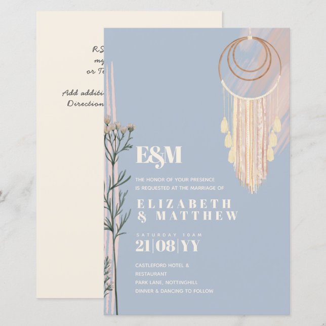 Dusty Blue Boho Hochzeitseinladungen (Vorne/Hinten)
