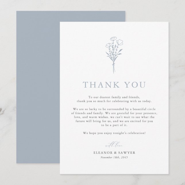 Dusty Blue Boho Minimalistisch Botanicals Wedding Dankeskarte (Vorne/Hinten)