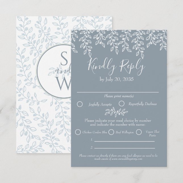 Dusty Blue Boho Moderne Elegante Botanische Hochze RSVP Karte (Vorne/Hinten)