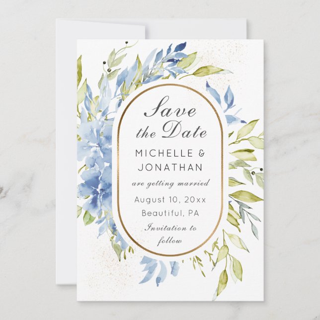 Dusty Blue Boho Rose Greenerity Gold Frame Save The Date (Vorderseite)